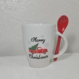 NWT Old East White Merry Christmas Tree & Truck Mug with Red Spoon